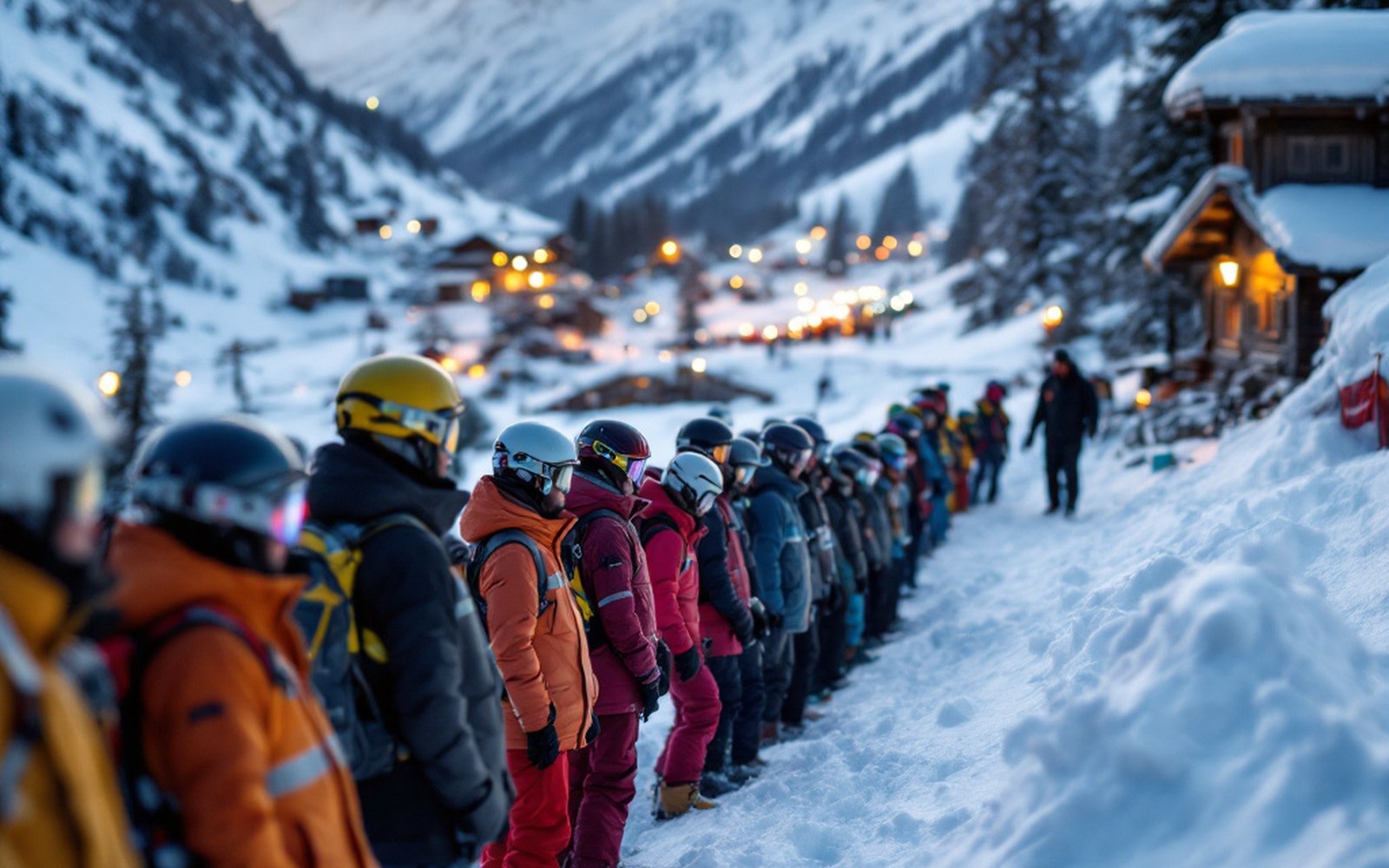 A present-day ski school line on a groomed slope, instructor standing in front of them, valley behind. Ordinary daylight, no period styling