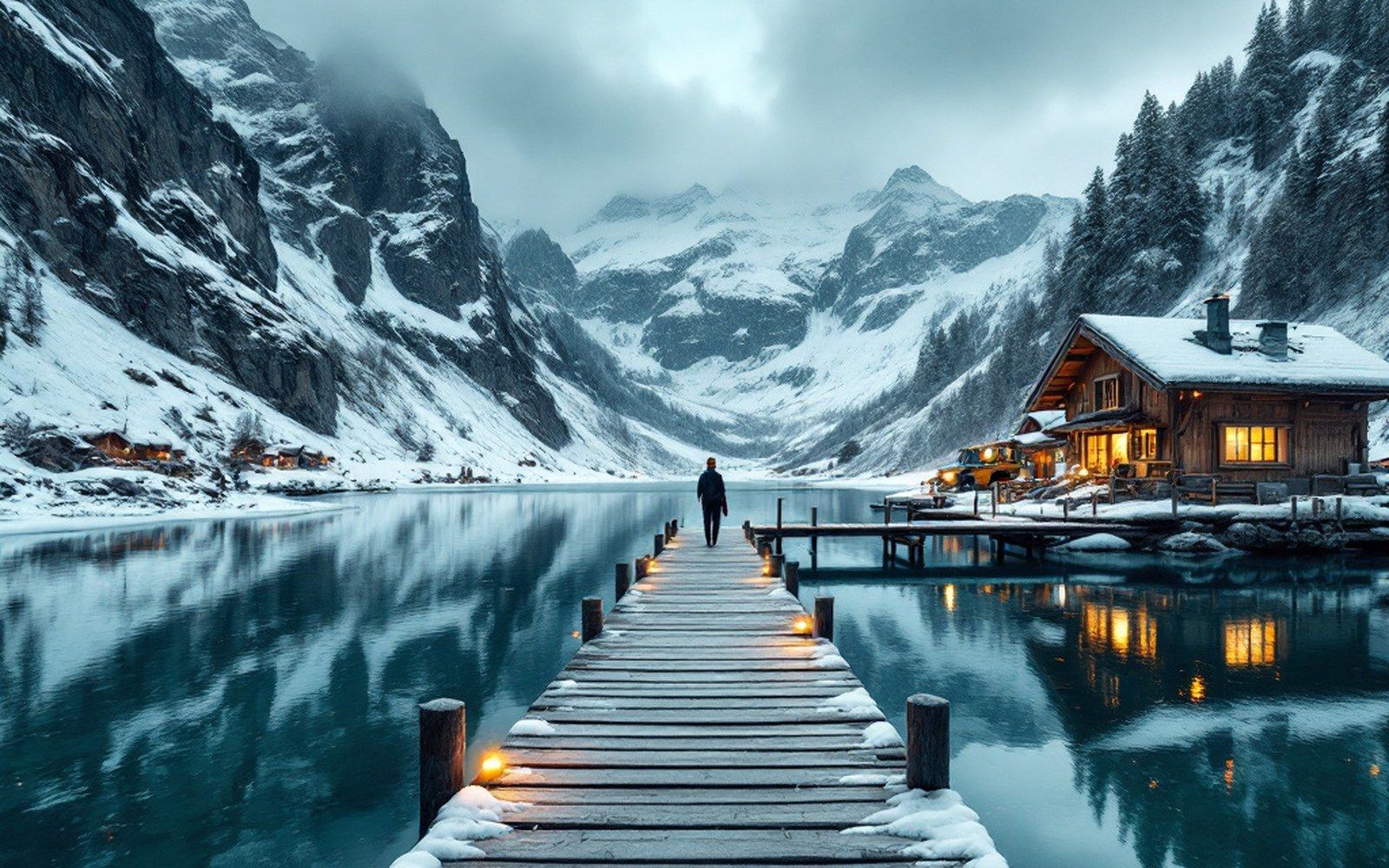 A green alpine lake with a wooden jetty and a person at the end of it